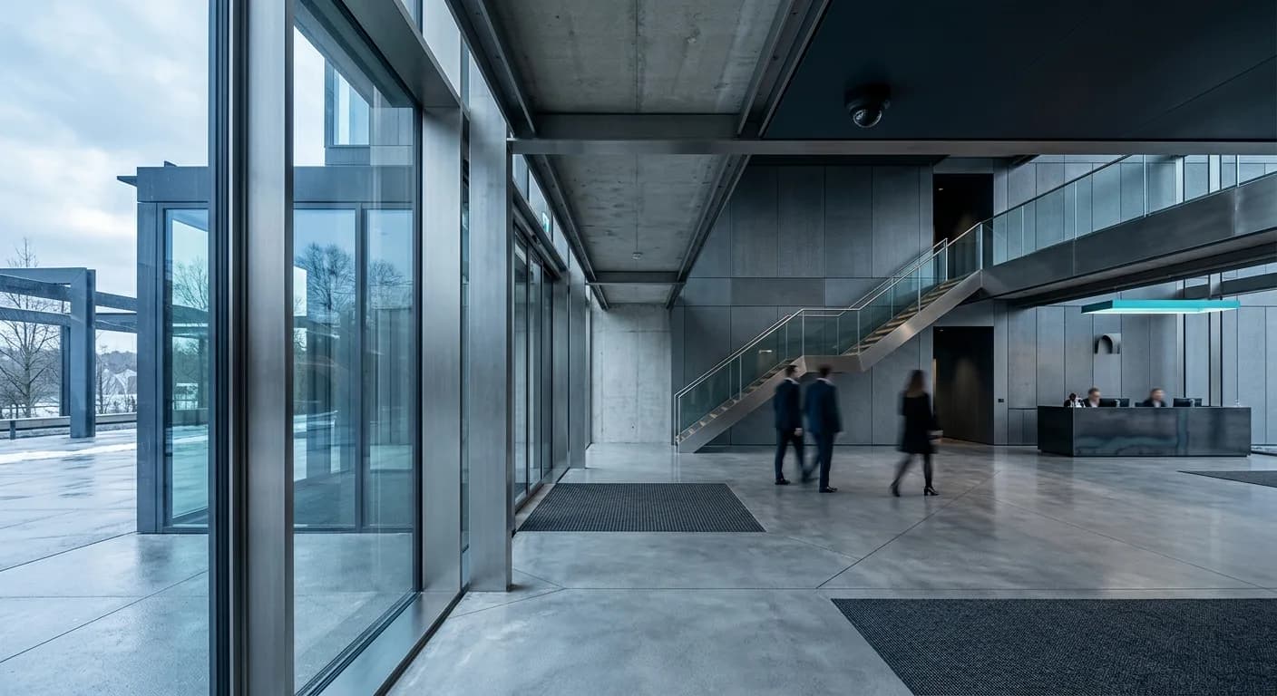 Hall d'entreprise luxembourgeois avec caméra de surveillance discrète